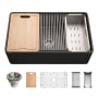 Houzer Aspire 33" Farmhouse Single Basin Fireclay Kitchen Sink with Basin Rack, Basket Strainer and Cutting Board Black