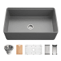 Houzer Aspire 33" Farmhouse Single Basin Fireclay Kitchen Sink with Basin Rack, Basket Strainer and Cutting Board Gray