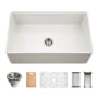 Houzer Aspire 33" Farmhouse Single Basin Fireclay Kitchen Sink with Basin Rack, Basket Strainer and Cutting Board Matte White