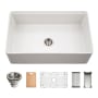 Houzer Aspire 33" Farmhouse Single Basin Fireclay Kitchen Sink with Basin Rack, Basket Strainer and Cutting Board White