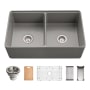 Houzer Aspire 33" Farmhouse Double Basin Fireclay Kitchen Sink with Basin Rack, Basket Strainer and Cutting Board Gray