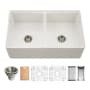Houzer Aspire 33" Farmhouse Double Basin Fireclay Kitchen Sink with Basin Rack, Basket Strainer and Cutting Board Matte White