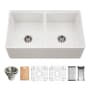 Houzer Aspire 33" Farmhouse Double Basin Fireclay Kitchen Sink with Basin Rack, Basket Strainer and Cutting Board White