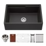 Houzer Quartztone 30" Farmhouse Single Basin Granite Composite Kitchen Sink with Basin Rack, Basket Strainer and Cutting Board Midnite