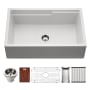 Houzer Quartztone 33" Farmhouse Single Basin Granite Composite Kitchen Sink with Basin Rack, Basket Strainer and Cutting Board Cloud