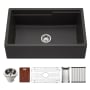 Houzer Quartztone 33" Farmhouse Single Basin Granite Composite Kitchen Sink with Basin Rack, Basket Strainer and Cutting Board Midnite