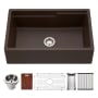 Houzer Quartztone 33" Farmhouse Single Basin Granite Composite Kitchen Sink with Basin Rack, Basket Strainer and Cutting Board Mocha