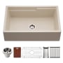 Houzer Quartztone 33" Farmhouse Single Basin Granite Composite Kitchen Sink with Basin Rack, Basket Strainer and Cutting Board Sand