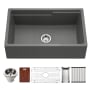 Houzer Quartztone 33" Farmhouse Single Basin Granite Composite Kitchen Sink with Basin Rack, Basket Strainer and Cutting Board Slate