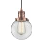 Innovations Lighting Beacon Single Light 6" Wide Mini Pendant with Adjustable Cord Antique Copper / Clear