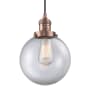 Innovations Lighting Beacon Single Light 8" Wide Mini Pendant with Adjustable Cord Antique Copper / Clear