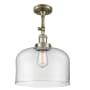 Innovations Lighting X-Large Bell 12" Wide Semi-Flush Ceiling Fixture with 16" Height Antique Brass / Clear