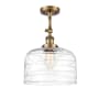 Innovations Lighting Bell 12" Wide Semi-Flush Ceiling Fixture Brushed Brass / Clear Deco Swirl