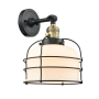 Innovations Lighting Large Bell Cage Single Light 12" Tall Bathroom Sconce - 3 Way Switch on Socket Black Antique Brass / Matte White Cased