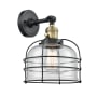 Innovations Lighting Large Bell Cage Single Light 12" Tall Bathroom Sconce - 3 Way Switch on Socket Black Antique Brass / Clear
