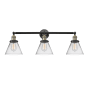 Innovations Lighting Cone 3 Light 32" Wide Commercial Vanity Light Black Antique Brass / Clear