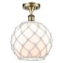 Innovations Lighting Farmhouse Rope 10" Wide Semi-Flush Globe Ceiling Fixture Antique Brass / White Glass with White Rope
