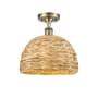 Innovations Lighting Woven Rattan 12" Wide Semi-flush Ceiling Fixture Antique Brass / Natural