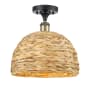 Innovations Lighting Woven Rattan 12" Wide Semi-flush Ceiling Fixture Black Antique Brass / Natural
