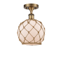Innovations Lighting Farmhouse Rope 8" Wide Semi-Flush Ceiling Fixture Brushed Brass / White Glass with Brown Rope