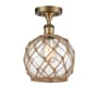 Innovations Lighting Farmhouse Rope 8" Wide Semi-Flush Ceiling Fixture Brushed Brass / Clear Glass with Brown Rope
