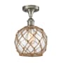 Innovations Lighting Farmhouse Rope 8" Wide Semi-Flush Ceiling Fixture Brushed Satin Nickel / Clear Glass with Brown Rope