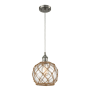 Innovations Lighting Farmhouse Rope 8" Wide Mini Pendant - Cord Suspension Brushed Satin Nickel / Clear Glass with Brown Rope