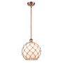 Innovations Lighting Large Farmhouse Rope 10" Wide Mini Pendant Antique Copper / White Glass with Brown Rope