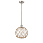 Innovations Lighting Large Farmhouse Rope 10" Wide Mini Pendant Brushed Satin Nickel / Clear Glass with Brown Rope