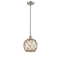 Innovations Lighting Farmhouse Rope 8" Wide Mini Pendant Brushed Satin Nickel / Clear Glass with Brown Rope
