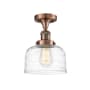 Innovations Lighting Bell 8" Wide Semi-Flush Ceiling Fixture Antique Copper / Clear Deco Swirl