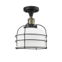 Innovations Lighting Large Bell Cage 8" Wide Semi-Flush Ceiling Fixture with 12" Height Black Antique Brass / Matte White