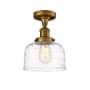 Innovations Lighting Bell 8" Wide Semi-Flush Ceiling Fixture Brushed Brass / Clear Deco Swirl