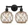 Innovations Lighting Farmhouse Rope 2 Light 17" Wide Vanity Light Matte Black / Clear Glass with Brown Rope