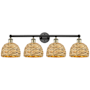 Innovations Lighting Woven Rattan 4 Light 35" Wide Vanity Light Black Antique Brass / Natural