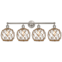 Innovations Lighting Farmhouse Rope 4 Light 35" Wide Vanity Light Brushed Satin Nickel / Clear Glass with Brown Rope