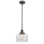 Innovations Lighting Large Bell 8" Wide Mini Pendant - Rod Hung Matte Black / Clear