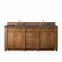 James Martin Vanities Bristol 72" Double Basin Walnut Wood Vanity Set with 3cm Parisien Bleu Silestone Quartz Vanity Top and Rectangular Sinks Saddle Brown