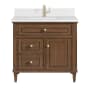 James Martin Vanities Lorelai 36" Single Basin Wood Vanity Set with 3cm White Zeus Silestone Quartz Vanity Top, Rectangular Sink and Electrical Outlet - Single Faucet Hole Mid-Century Walnut