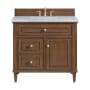 James Martin Vanities Lorelai 36" Single Basin Wood Vanity Set with 3cm Carrara White Marble Vanity Top, Rectangular Sink and Electrical Outlet - 8" Faucet Centers Mid-Century Walnut