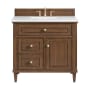 James Martin Vanities Lorelai 36" Single Basin Wood Vanity Set with 3cm White Zeus Silestone Quartz Vanity Top, Rectangular Sink and Electrical Outlet - 8" Faucet Centers Mid-Century Walnut