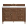 James Martin Vanities Lorelai 48" Single Basin Wood Vanity Set with 3cm White Zeus Silestone Quartz Vanity Top, Rectangular Sink and Electrical Outlet - 8" Faucet Centers Mid-Century Walnut