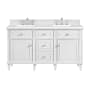 James Martin Vanities Lorelai 60" Double Basin Wood Vanity Set with 3cm White Zeus Silestone Quartz Vanity Top, Rectangular Sinks and Electrical Outlet - 8" Faucet Centers Bright White