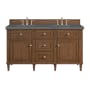James Martin Vanities Lorelai 60" Double Basin Wood Vanity Set with 3cm Parisien Bleu Silestone Quartz Vanity Top, Rectangular Sinks and Outlet - 8" Faucet Centers Mid-Century Walnut
