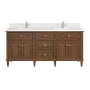 James Martin Vanities Lorelai 72" Double Basin Wood Vanity Set with 3cm White Zeus Silestone Quartz Vanity Top, Rectangular Sinks and Electrical Outlet - Single Faucet Hole Mid-Century Walnut