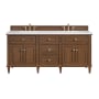 James Martin Vanities Lorelai 72" Double Basin Wood Vanity Set with 3cm Arctic Fall Solid Surface Vanity Top, Rectangular Sinks and Electrical Outlet - 8" Faucet Centers Mid-Century Walnut