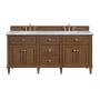 James Martin Vanities Lorelai 72" Double Basin Wood Vanity Set with 3cm Carrara White Marble Vanity Top, Rectangular Sinks and Electrical Outlet - 8" Faucet Centers Mid-Century Walnut