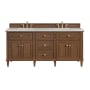 James Martin Vanities Lorelai 72" Double Basin Wood Vanity Set with 3cm Eternal Jasmine Pearl Silestone Quartz Vanity Top and Rectangular Sinks - 8" Faucet Centers Mid-Century Walnut