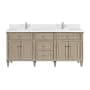 James Martin Vanities Lorelai 72" Double Basin Wood Vanity Set with 3cm White Zeus Silestone Quartz Vanity Top, Rectangular Sinks and Electrical Outlet - Single Faucet Hole Whitewashed Oak