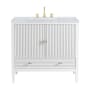 James Martin Vanities Myrrin 36" Single Basin Wood Vanity Set with 3cm Carrara White Marble Vanity Top, Rectangular Sink, USB Port and Electrical Outlet - 8" Faucet Centers Bright White